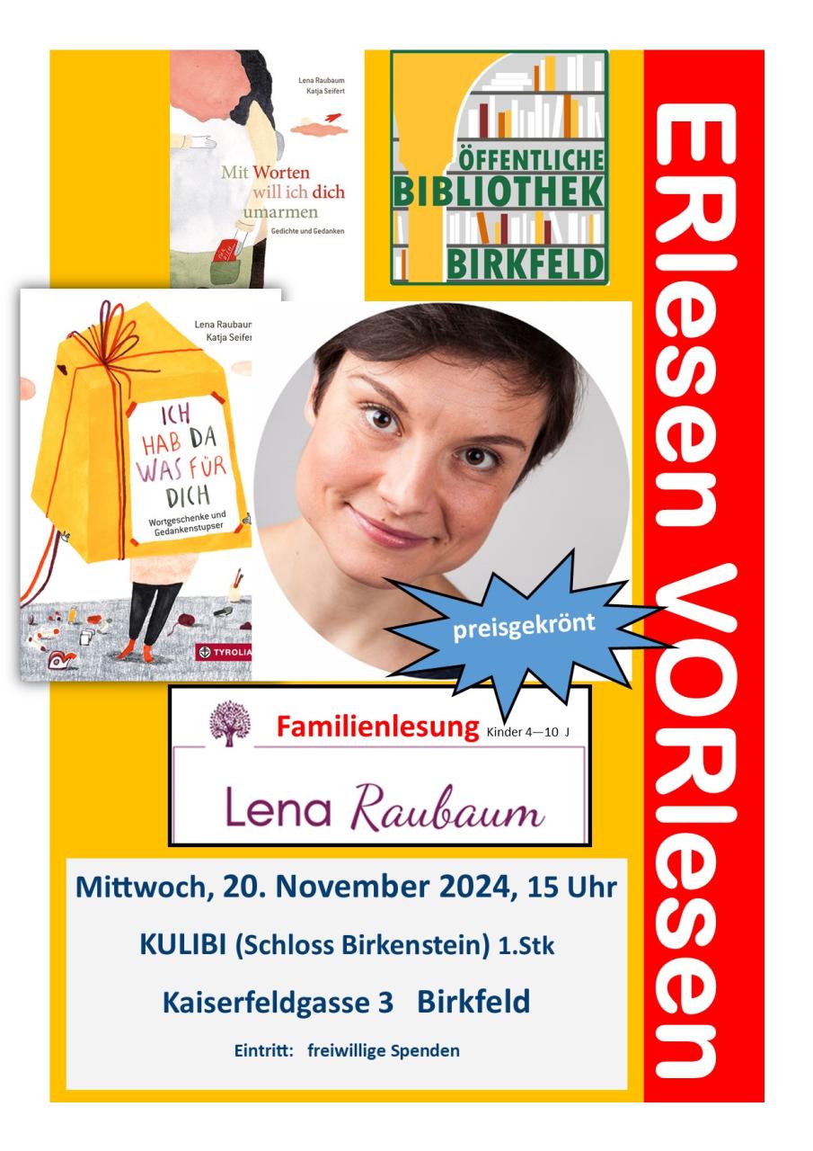 Hier ist eine Veranstaltungsankündigung für 20.11. mit Lena Raubaum. zu sehen.