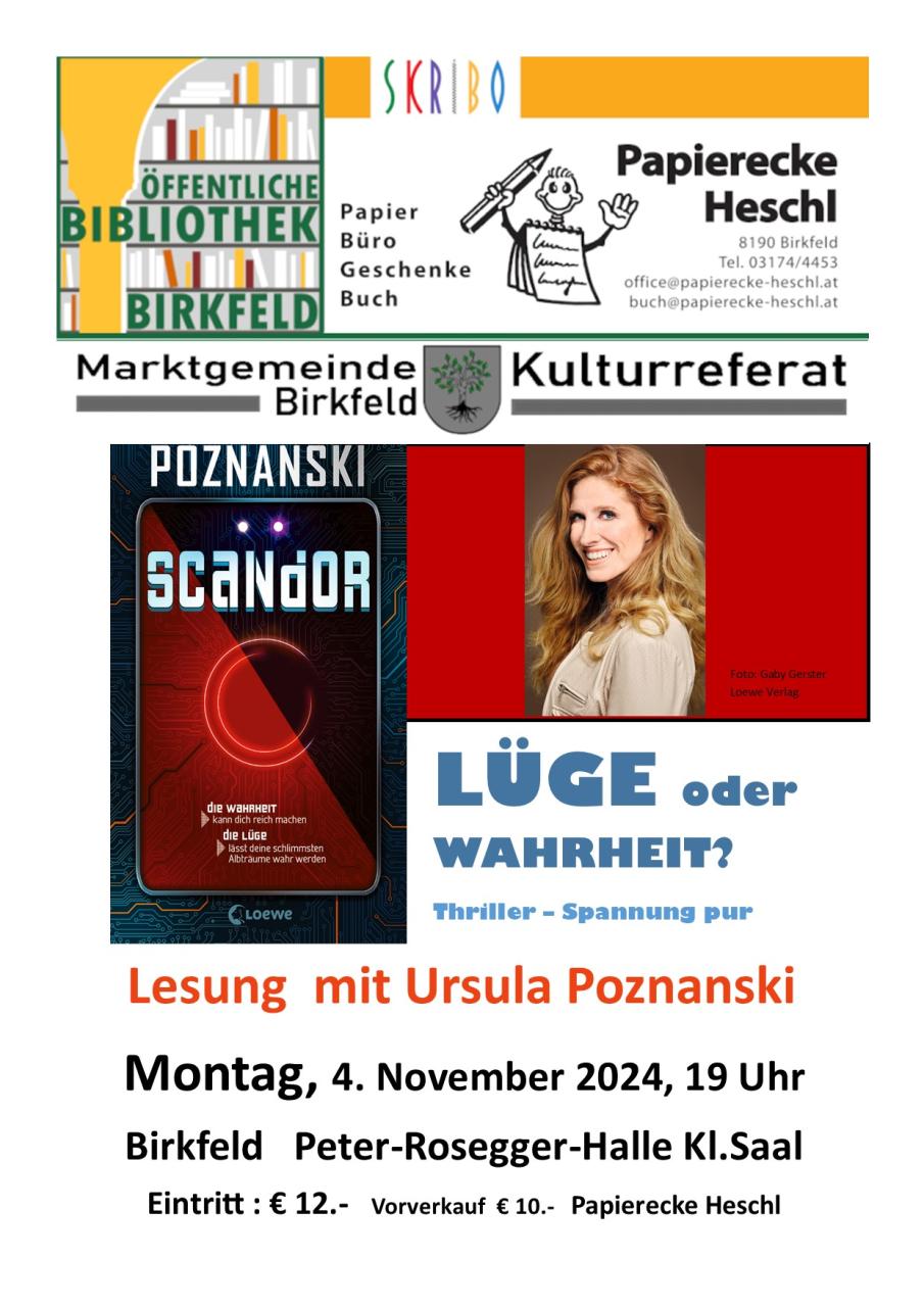 Hier ist ein Plakat mit der Ankündigung der Lesung von Ursula Poznanski